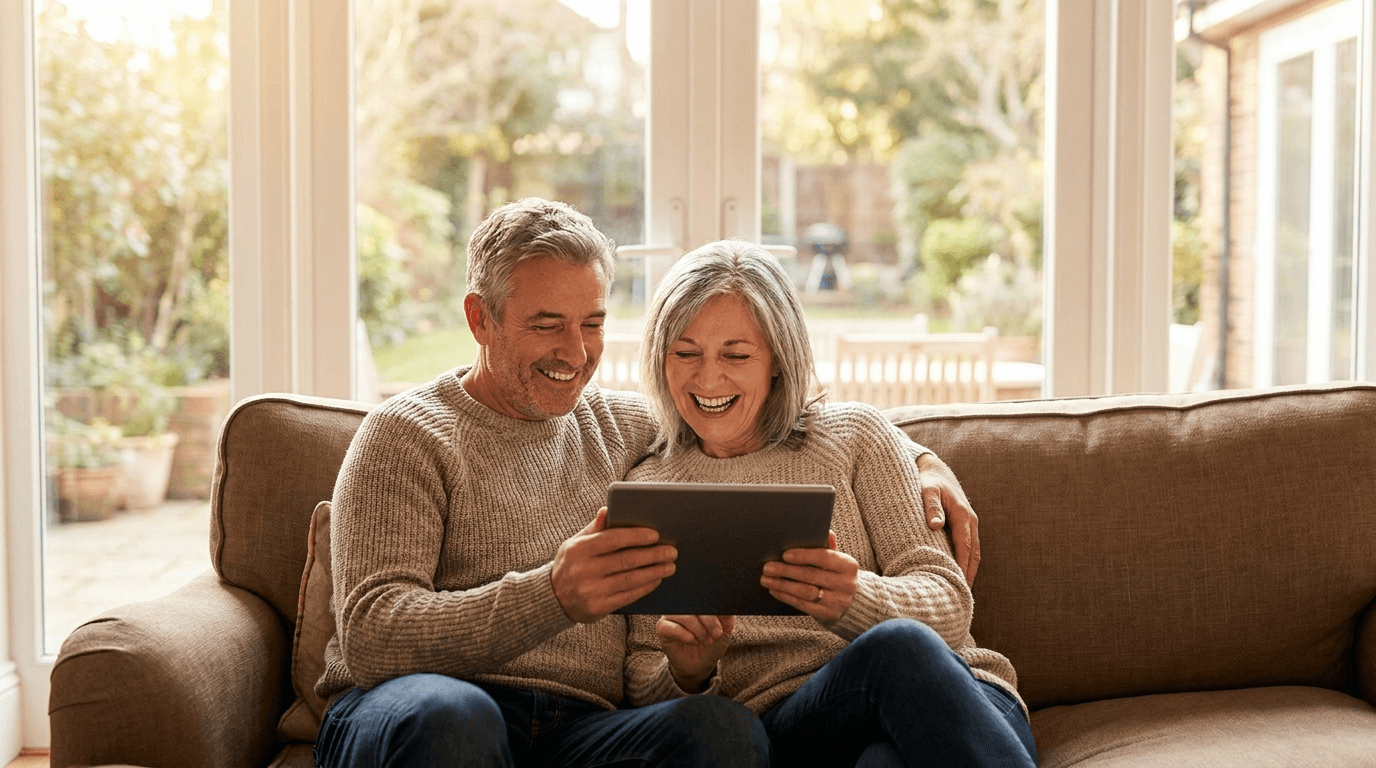 A homeowner couple checking their project status on a tablet from the couch
