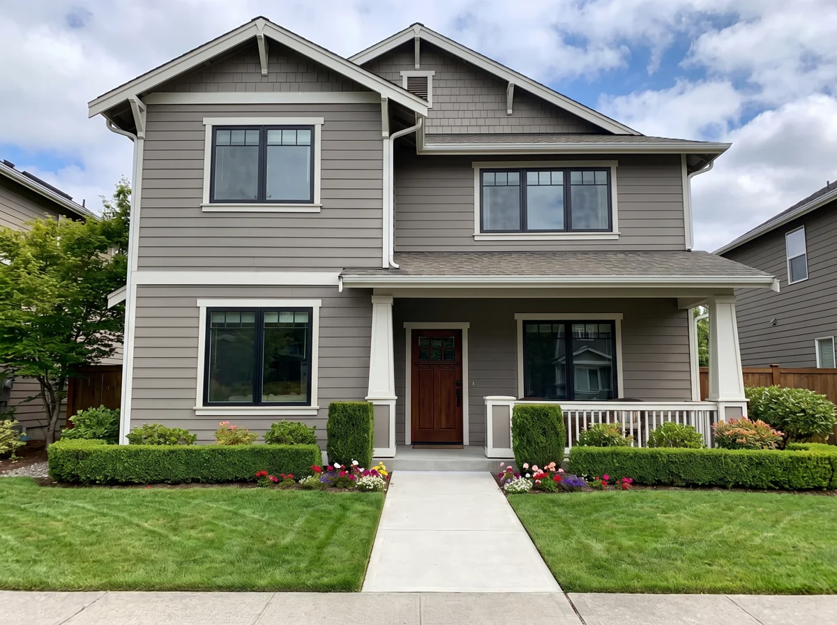 After: the same craftsman home with new black-framed windows