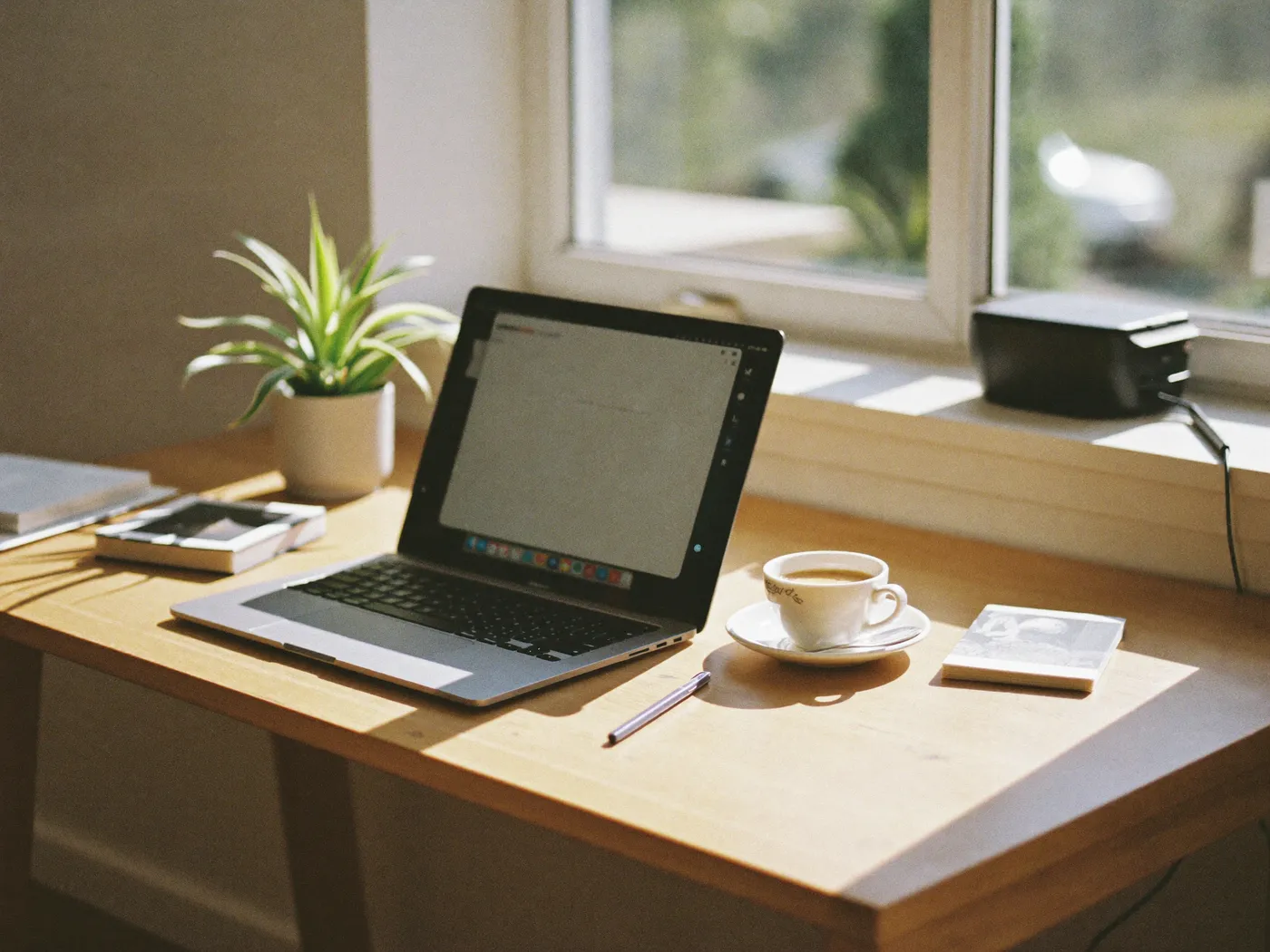 A calm, uncluttered desk with a single laptop by a sunlit window